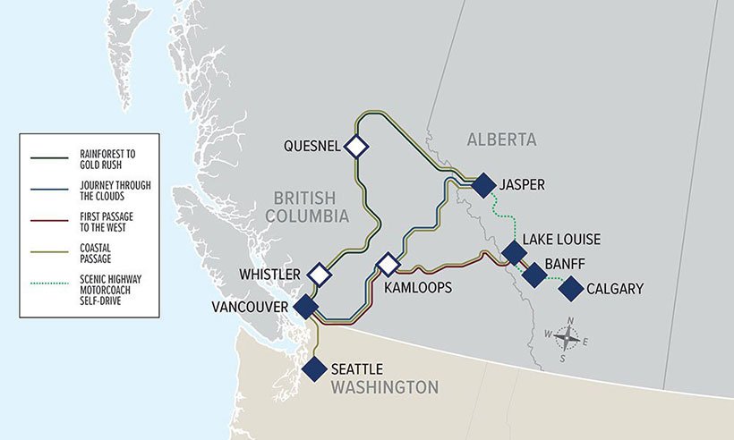 Er is keuze uit 3 routes door West-Canada: Rocky Mountaineer route Duur Traject
First Passage to the West 2 dagen Vancouver - Kamloops - Lake Louise of Banff (of omgekeerd)
Journey through the Clouds 2 dagen Vancouver - Kamloops - Jasper (of omgekeerd)
Rainforest to Gold Rush 3 dagen Vancouver - Whistler- Quesnel - Jasper (of omgekeerd)
