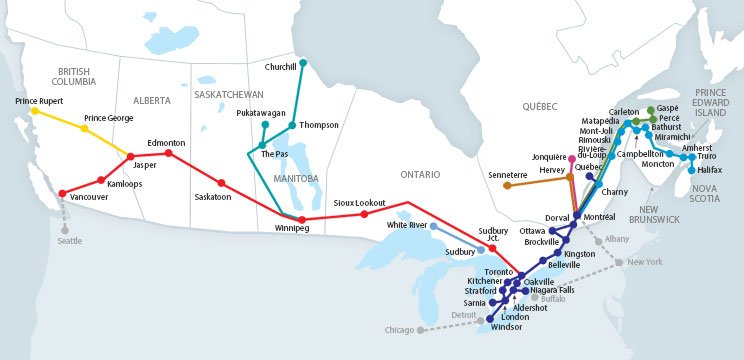Routes <strong><span style="color:red">THE CANADIAN</span></strong> Toronto > Vancouver
<strong><span style="color:#262c84">CORRIDOR</span></strong> Quebec City > Windsor
<strong><span style="color:#0097d9">THE OCEAN</span></strong> Montreal > Halifax
Jasper > Prince Rupert
Winnipeg > Churchill
Montreal > Senneterre & Jonquière
